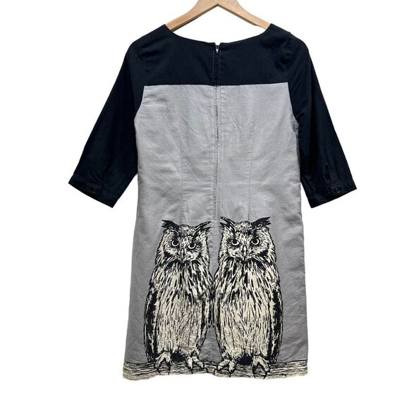 Knitted Dove Dress Gray Black Owl Print3/4 Sleeve Tunic Mini Dress Size S - Picture 3 of 12